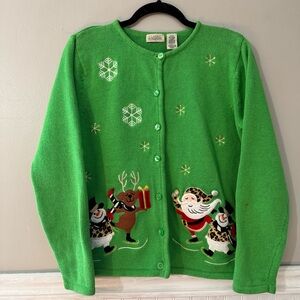 Vintage Women’s Christmas Cardigan Sweater Embroidered Santa Snowmen Medium